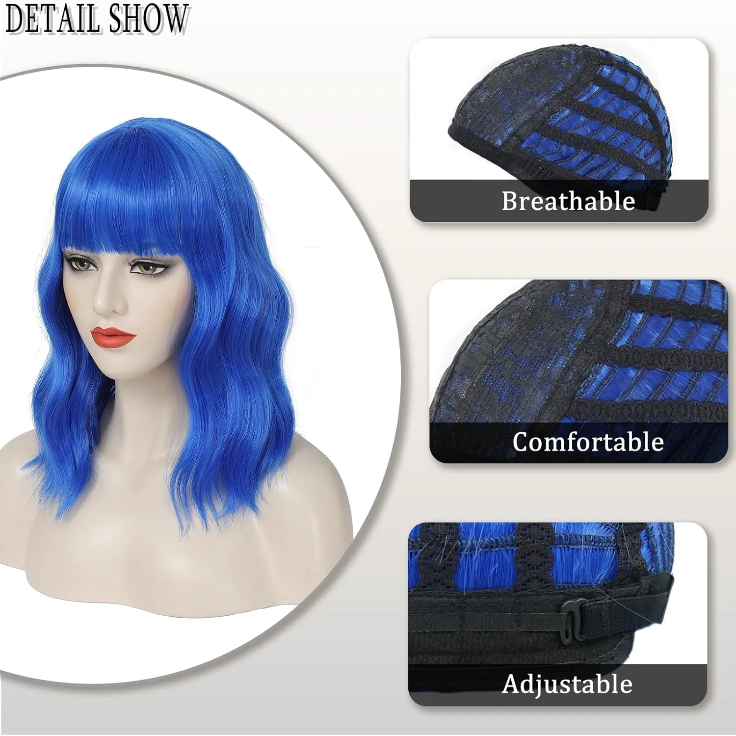 Blue Bob Wig-Blue Short Bob Wig with Bangs for Women Loose Wavy Bob Wigs Shoulder Length Synthetic Colorful Cosplay Wigs for Girl Halloween Costume Daily Use