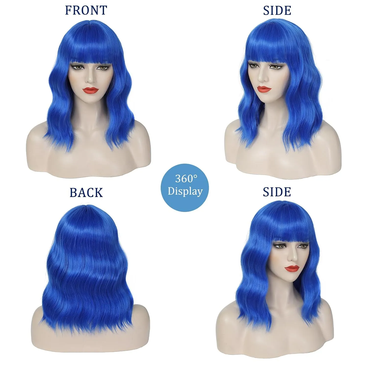 Blue Bob Wig-Blue Short Bob Wig with Bangs for Women Loose Wavy Bob Wigs Shoulder Length Synthetic Colorful Cosplay Wigs for Girl Halloween Costume Daily Use