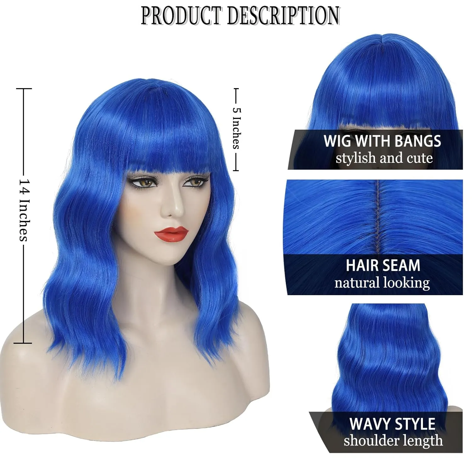 Blue Bob Wig-Blue Short Bob Wig with Bangs for Women Loose Wavy Bob Wigs Shoulder Length Synthetic Colorful Cosplay Wigs for Girl Halloween Costume Daily Use