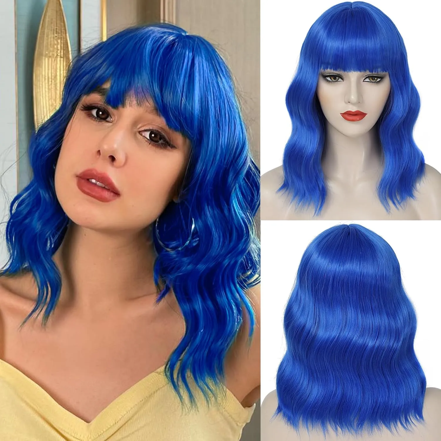 Blue Bob Wig-Blue Short Bob Wig with Bangs for Women Loose Wavy Bob Wigs Shoulder Length Synthetic Colorful Cosplay Wigs for Girl Halloween Costume Daily Use