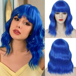 Blue Bob Wig-Blue Short Bob Wig with Bangs for Women Loose Wavy Bob Wigs Shoulder Length Synthetic Colorful Cosplay Wigs for Girl Halloween Costume Daily Use