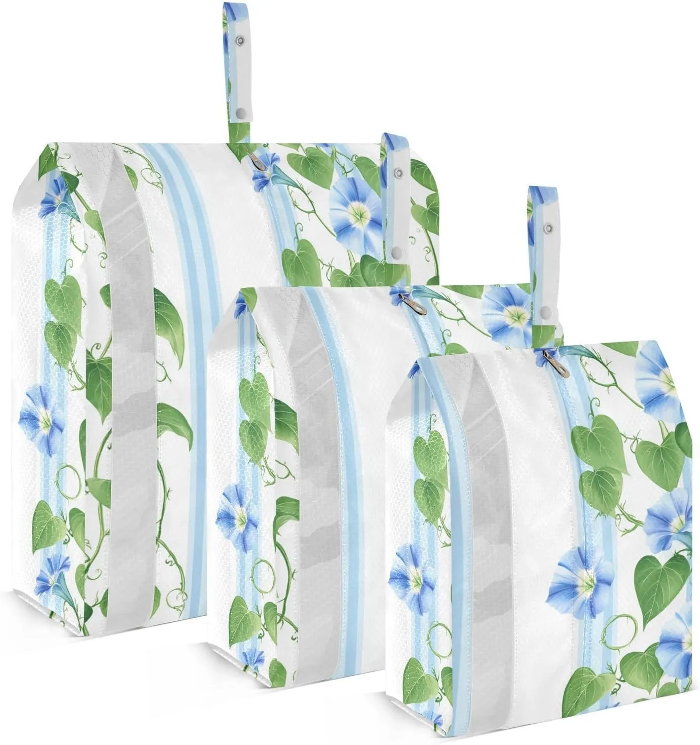 Blue Flowers Leaves Strip Fresh 3 Piecing Packing Travel Bag Portable Storage Bags For Travel Ziplock Bags Travel Accessories