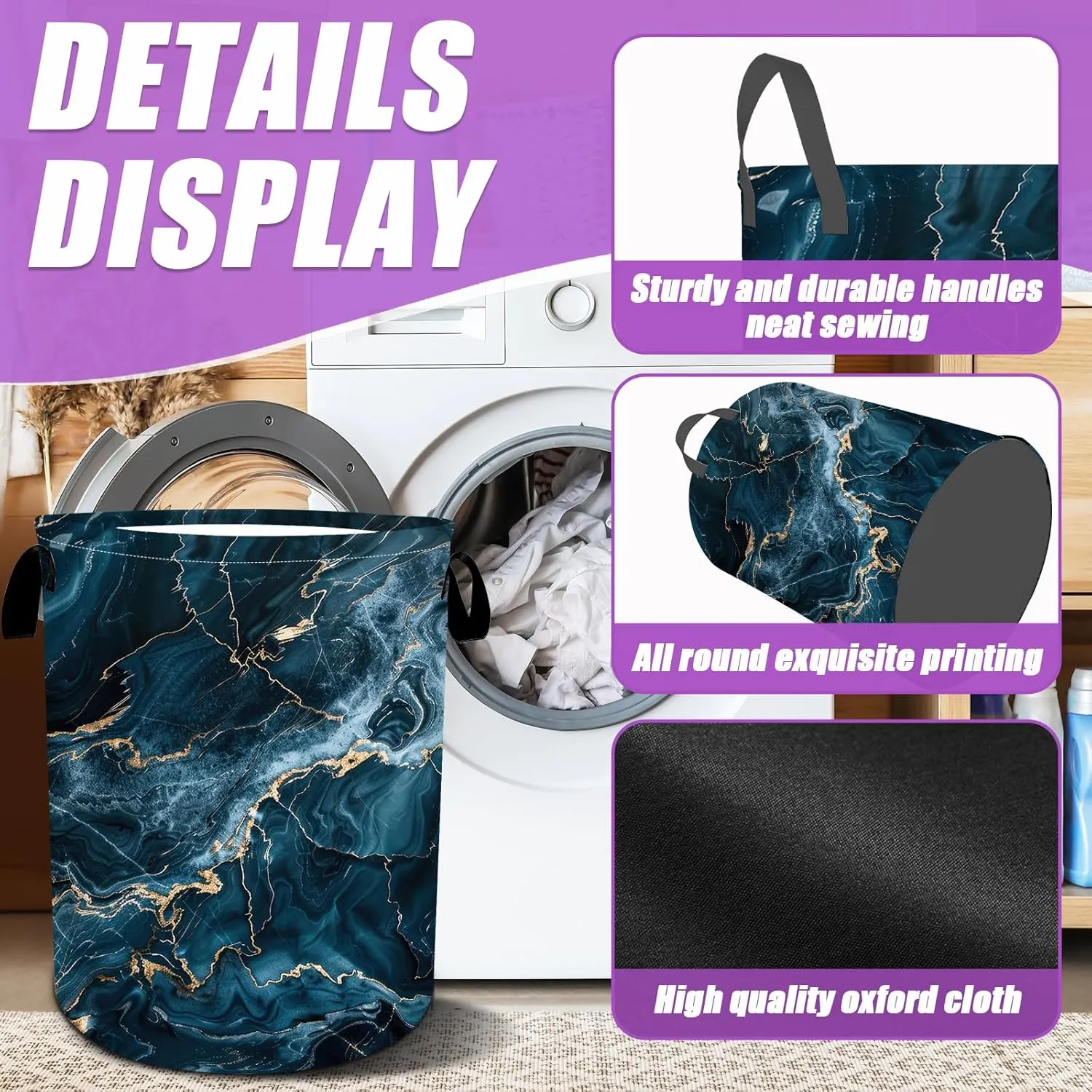 Blue Gold Marble Laundry Basket Foldable Laundry Hamper Tote Bag Storage Bucket Toy Organizer For Bathroom/Laundry/Bedroom（19.6x15.7inch）