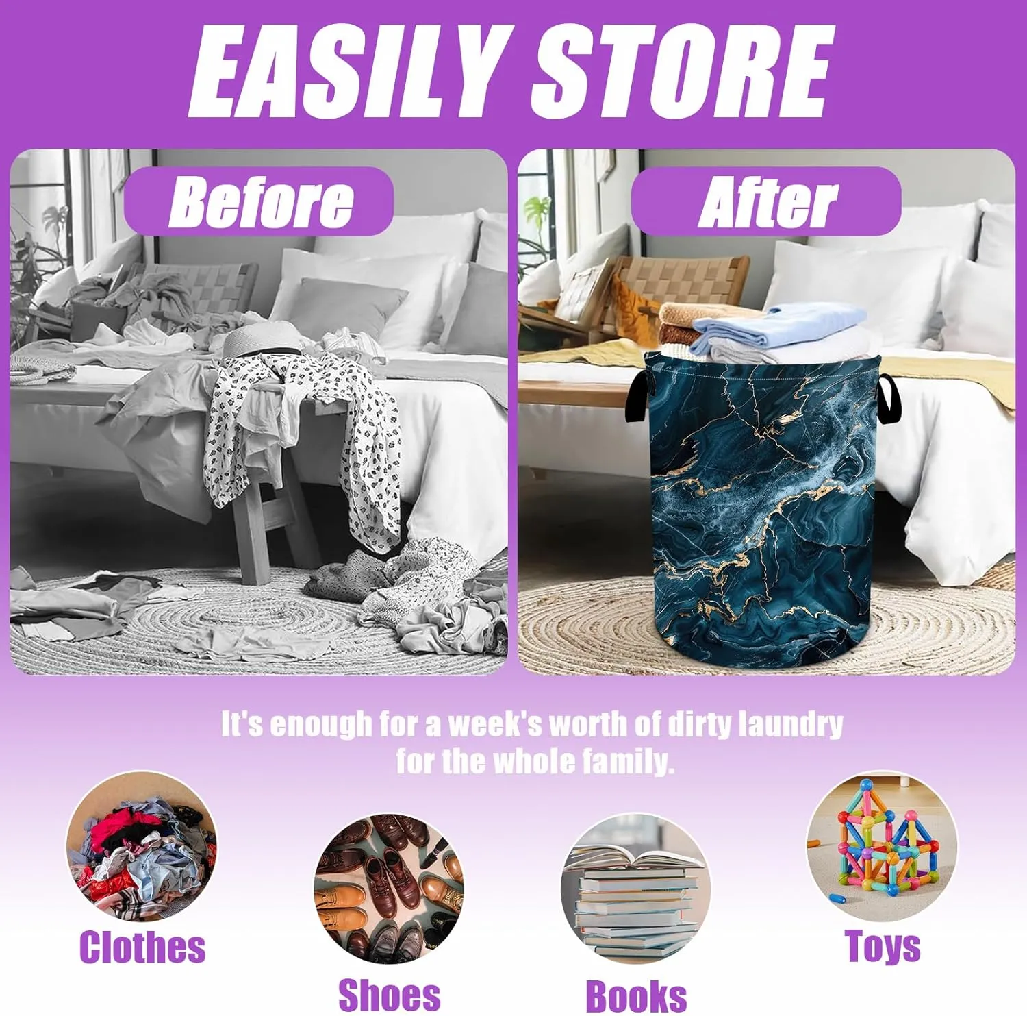 Blue Gold Marble Laundry Basket Foldable Laundry Hamper Tote Bag Storage Bucket Toy Organizer For Bathroom/Laundry/Bedroom（19.6x15.7inch）
