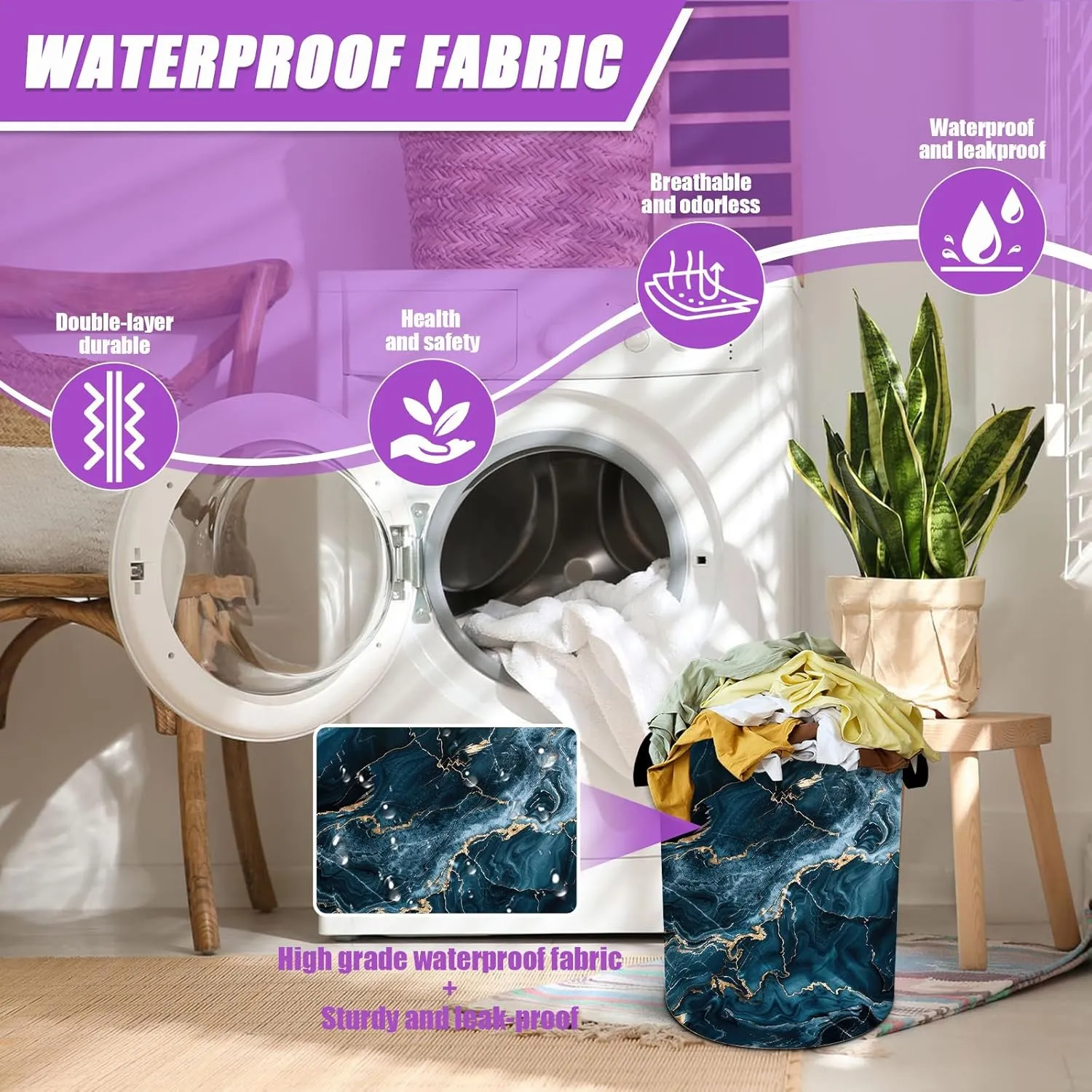 Blue Gold Marble Laundry Basket Foldable Laundry Hamper Tote Bag Storage Bucket Toy Organizer For Bathroom/Laundry/Bedroom（19.6x15.7inch）
