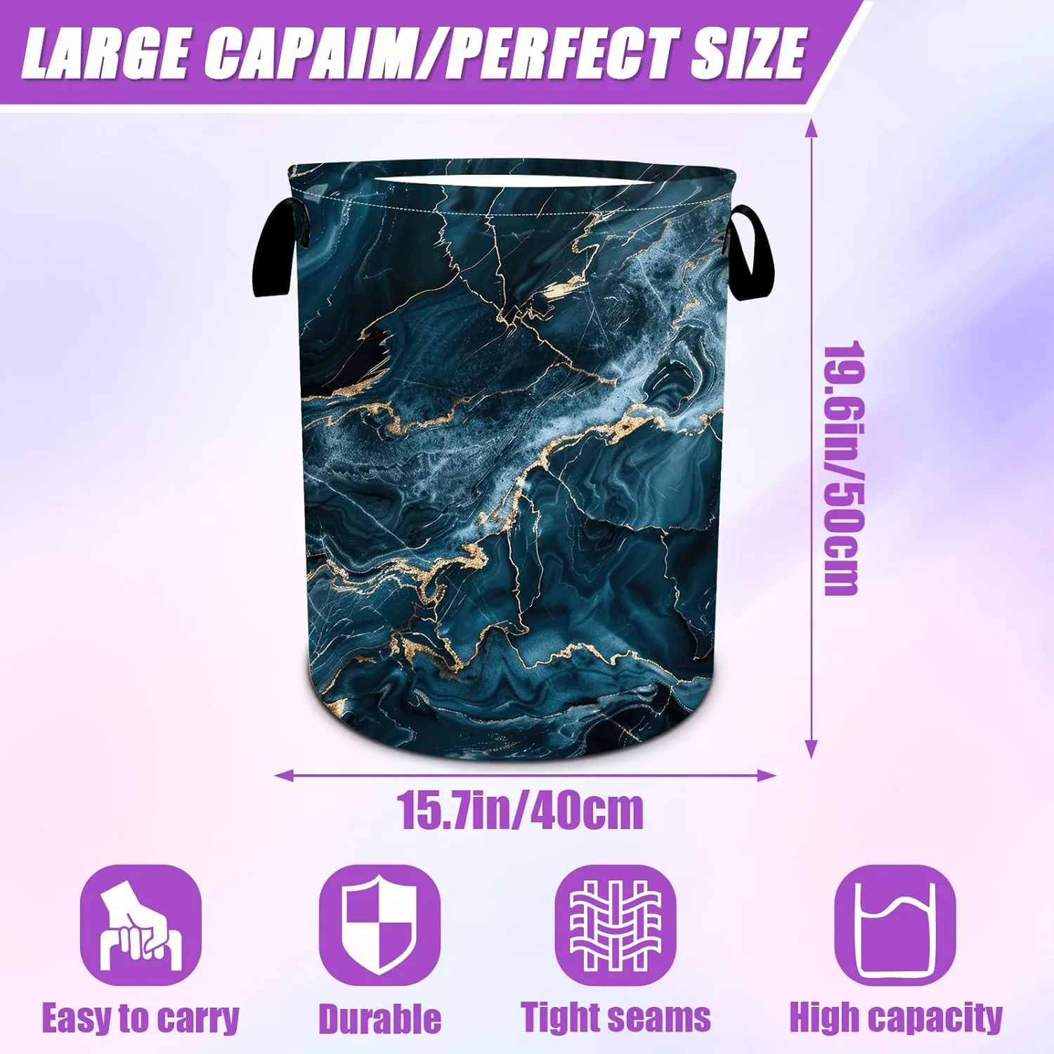 Blue Gold Marble Laundry Basket Foldable Laundry Hamper Tote Bag Storage Bucket Toy Organizer For Bathroom/Laundry/Bedroom（19.6x15.7inch）