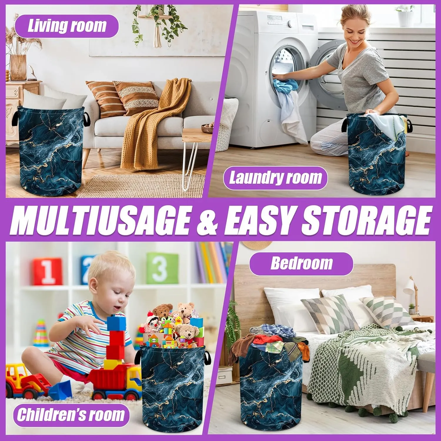 Blue Gold Marble Laundry Basket Foldable Laundry Hamper Tote Bag Storage Bucket Toy Organizer For Bathroom/Laundry/Bedroom（19.6x15.7inch）