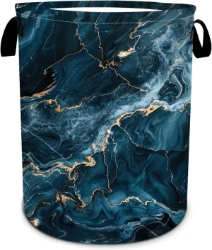 Blue Gold Marble Laundry Basket Foldable Laundry Hamper Tote Bag Storage Bucket Toy Organizer For Bathroom/Laundry/Bedroom（19.6x15.7inch）