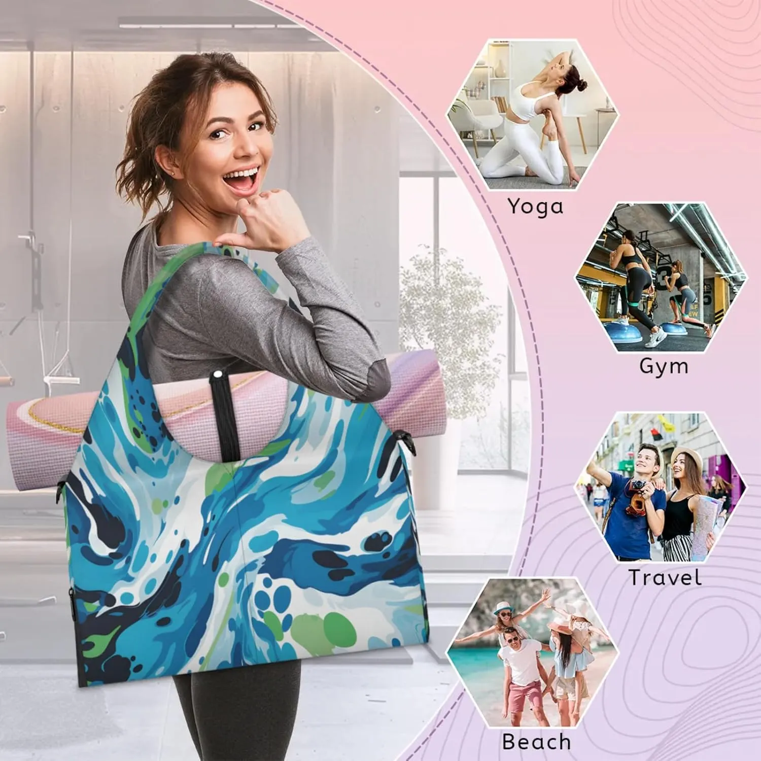 Blue Green Fluid Art Waterproof Gym Bag for Men Women, Sports Duffel Bag with Shoe Compartment Yoga Mat Holder, Portable Large Travel Bag for Fitness, Camping, Weekend Trips