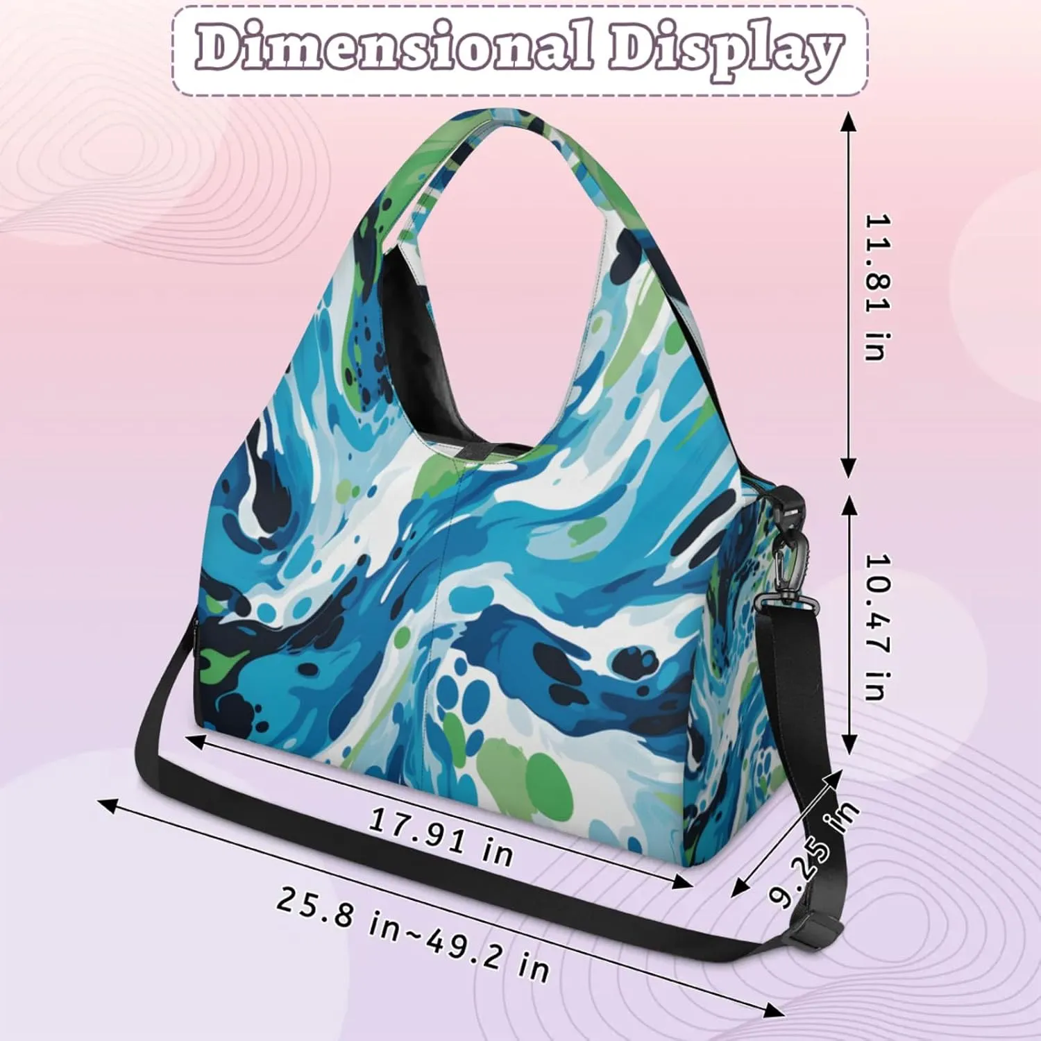 Blue Green Fluid Art Waterproof Gym Bag for Men Women, Sports Duffel Bag with Shoe Compartment Yoga Mat Holder, Portable Large Travel Bag for Fitness, Camping, Weekend Trips