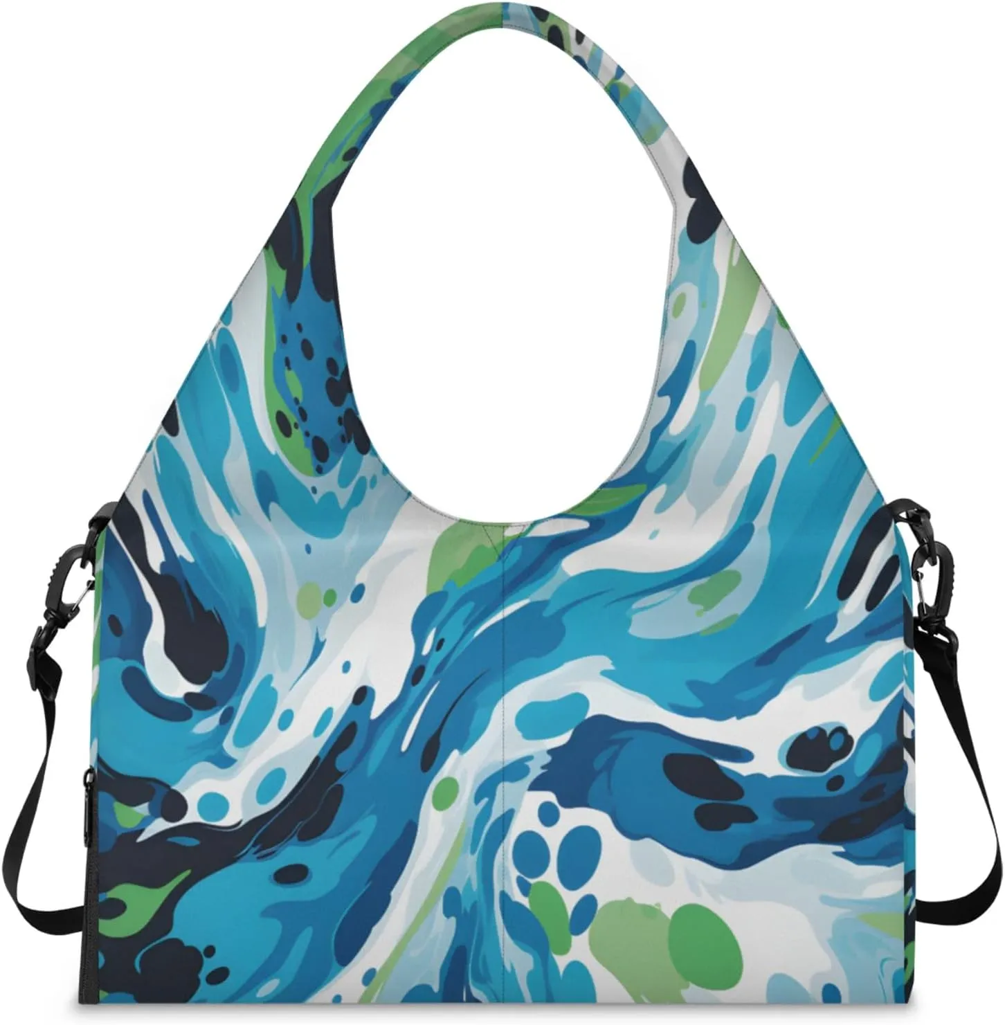 Blue Green Fluid Art Waterproof Gym Bag for Men Women, Sports Duffel Bag with Shoe Compartment Yoga Mat Holder, Portable Large Travel Bag for Fitness, Camping, Weekend Trips