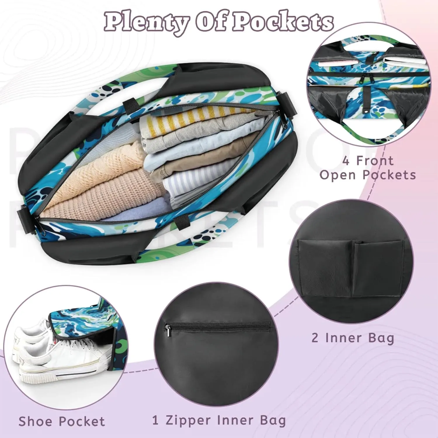 Blue Green Fluid Art Waterproof Gym Bag for Men Women, Sports Duffel Bag with Shoe Compartment Yoga Mat Holder, Portable Large Travel Bag for Fitness, Camping, Weekend Trips