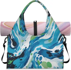 Blue Green Fluid Art Waterproof Gym Bag for Men Women, Sports Duffel Bag with Shoe Compartment Yoga Mat Holder, Portable Large Travel Bag for Fitness, Camping, Weekend Trips