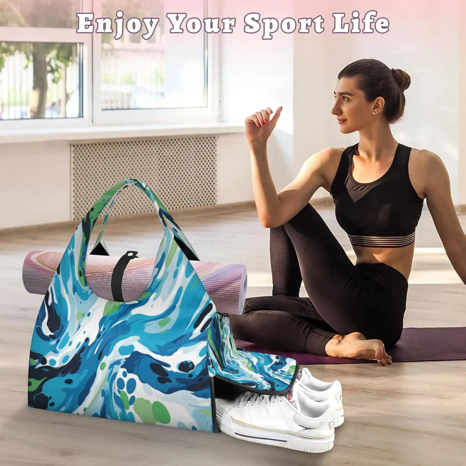 Blue Green Fluid Art Waterproof Gym Bag for Men Women, Sports Duffel Bag with Shoe Compartment Yoga Mat Holder, Portable Large Travel Bag for Fitness, Camping, Weekend Trips