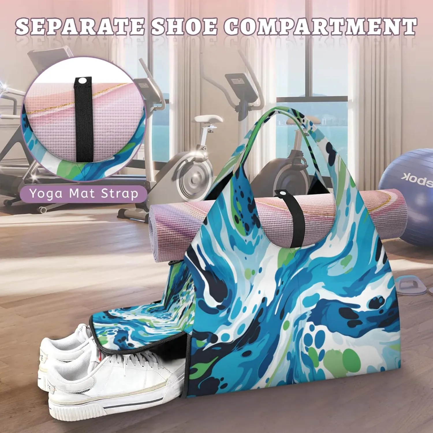 Blue Green Fluid Art Waterproof Gym Bag for Men Women, Sports Duffel Bag with Shoe Compartment Yoga Mat Holder, Portable Large Travel Bag for Fitness, Camping, Weekend Trips