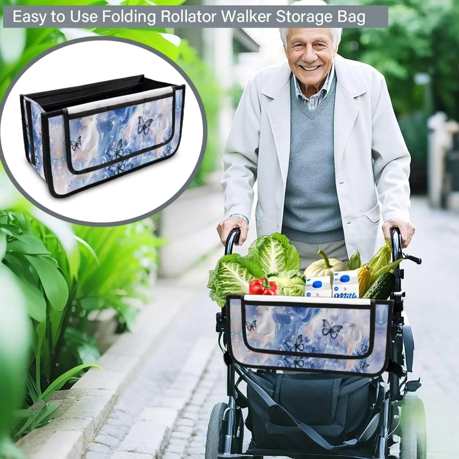 Blue Marble Butterfly Rollator Bag Folding Bag Tote Organizer Pouch Storage to Walkers for Senoirs Walker Accessories for Elderly Senior
