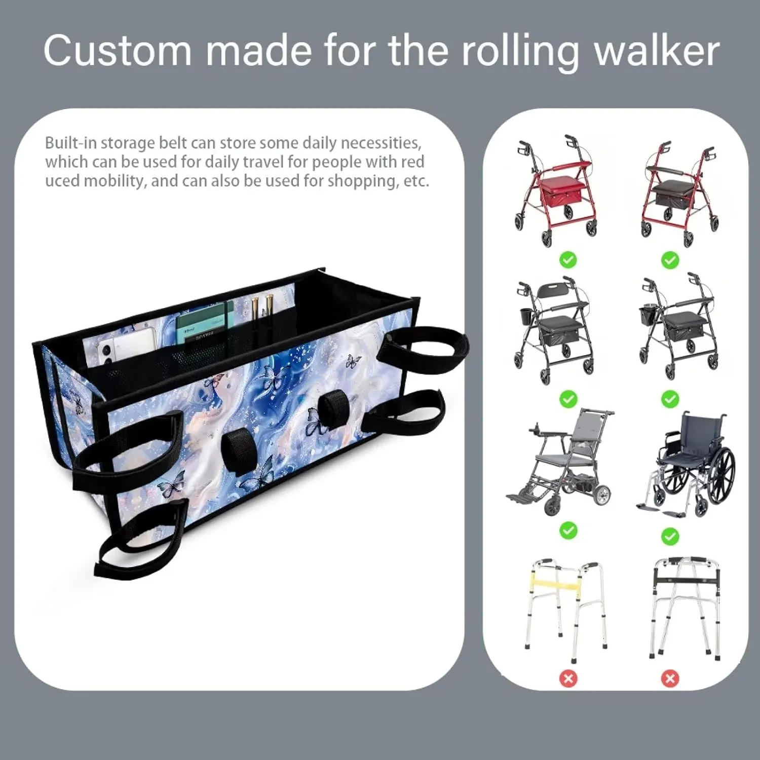 Blue Marble Butterfly Rollator Bag Folding Bag Tote Organizer Pouch Storage to Walkers for Senoirs Walker Accessories for Elderly Senior