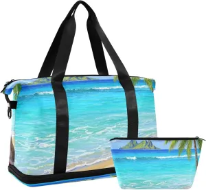 Blue Summer Vacation Beach Coconut Tree Duffel Bags Weekender Travel Overnight Bag with Toiletry Bag for Yoga Foldable