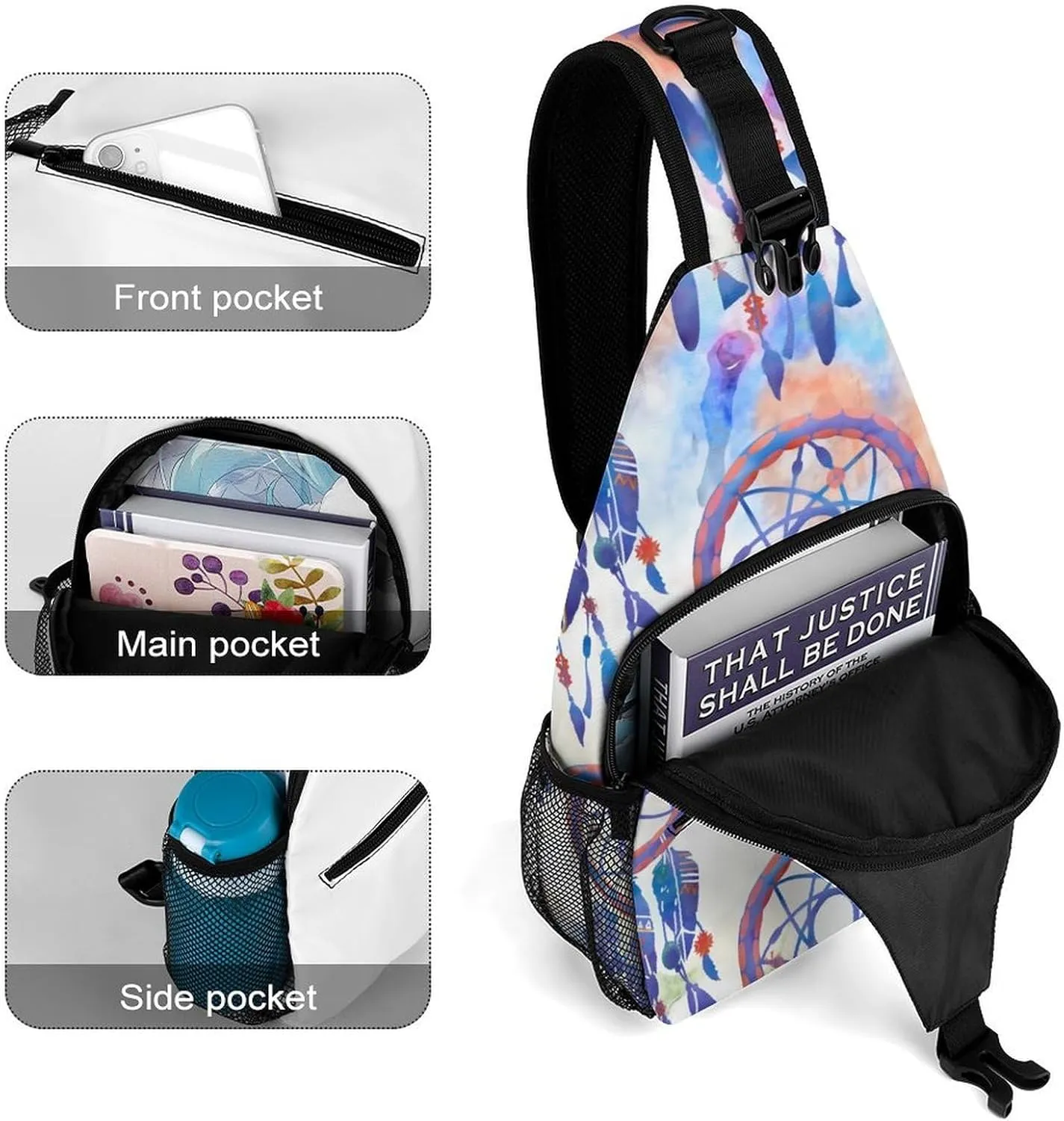 Blue Watercolor Dreamcatcher Modern Boho A Spacious And Large Capacity Portable Adjustable Chest Bag