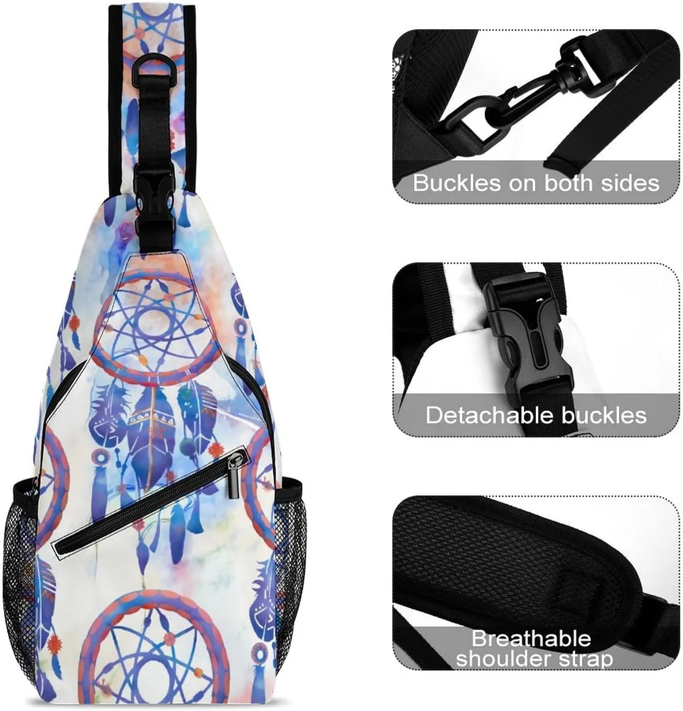 Blue Watercolor Dreamcatcher Modern Boho A Spacious And Large Capacity Portable Adjustable Chest Bag