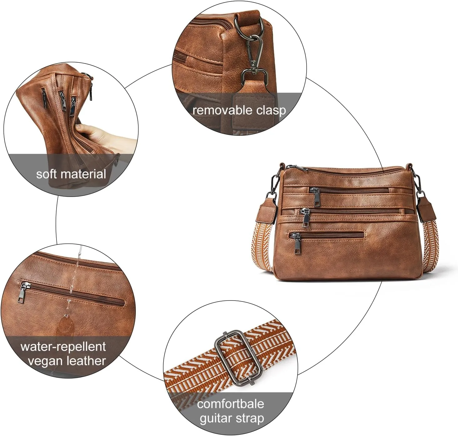 Bluome Crossbody Purses for Women, Vegan Leather Shoulder Bag Handbags Medium Hobo Bag with Guitar Strap