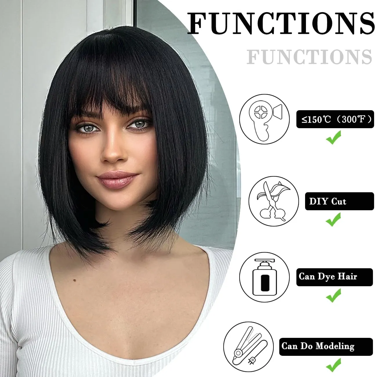 Bob Black Wig with Bangs Natural Short Straight Wigs for Women Shoulder Length Synthetic Wigs for Daily Cosplay