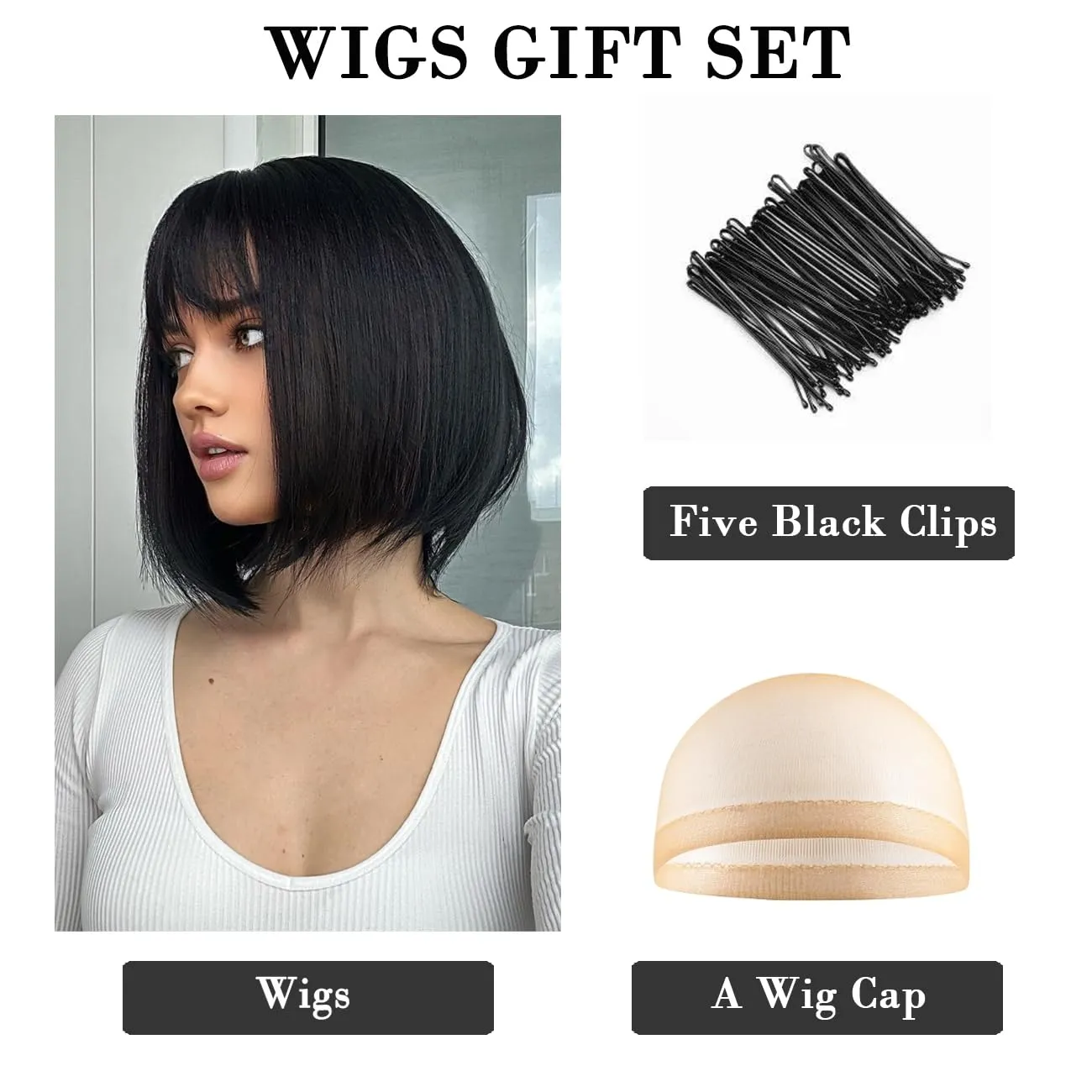 Bob Black Wig with Bangs Natural Short Straight Wigs for Women Shoulder Length Synthetic Wigs for Daily Cosplay