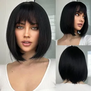 Bob Black Wig with Bangs Natural Short Straight Wigs for Women Shoulder Length Synthetic Wigs for Daily Cosplay