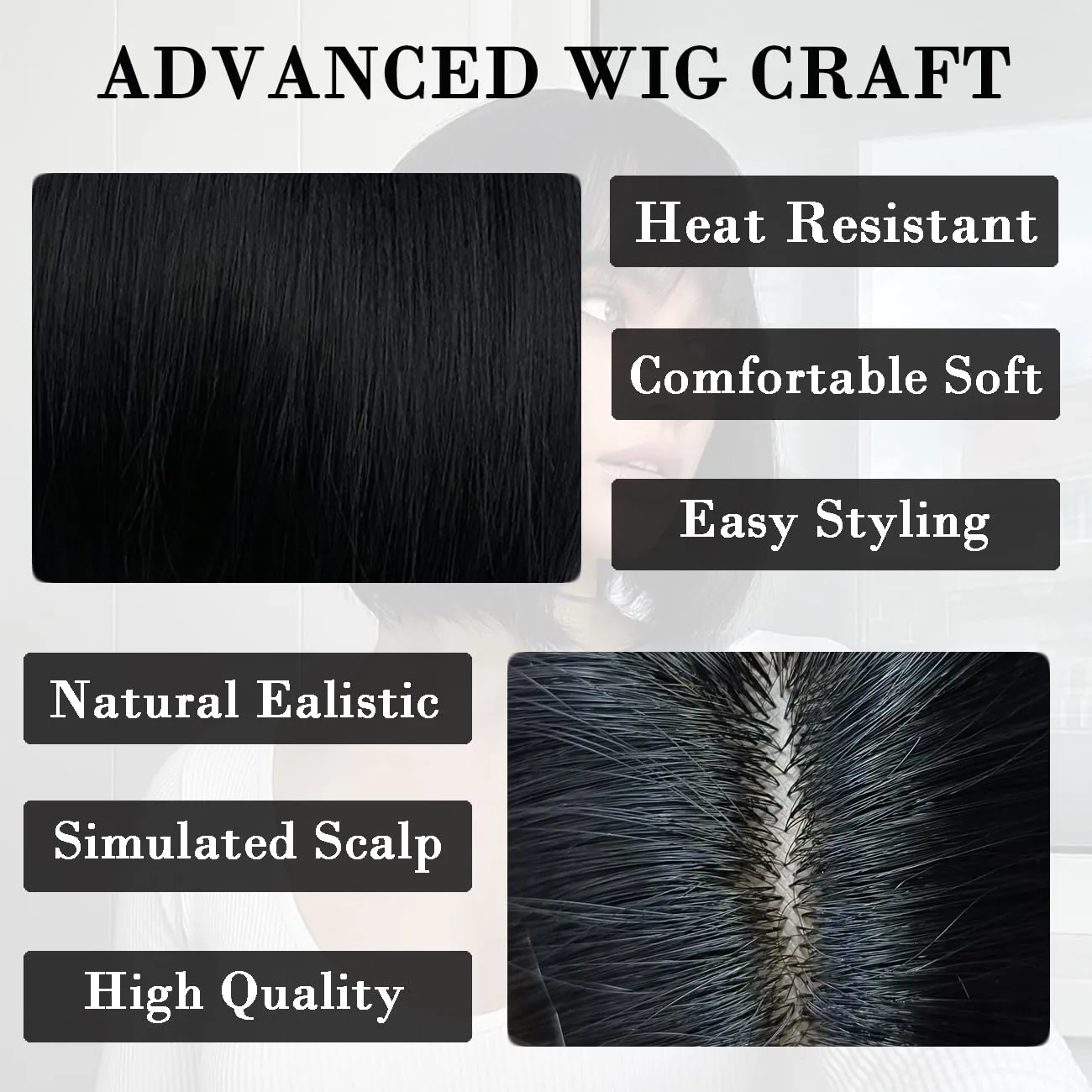 Bob Black Wig with Bangs Natural Short Straight Wigs for Women Shoulder Length Synthetic Wigs for Daily Cosplay