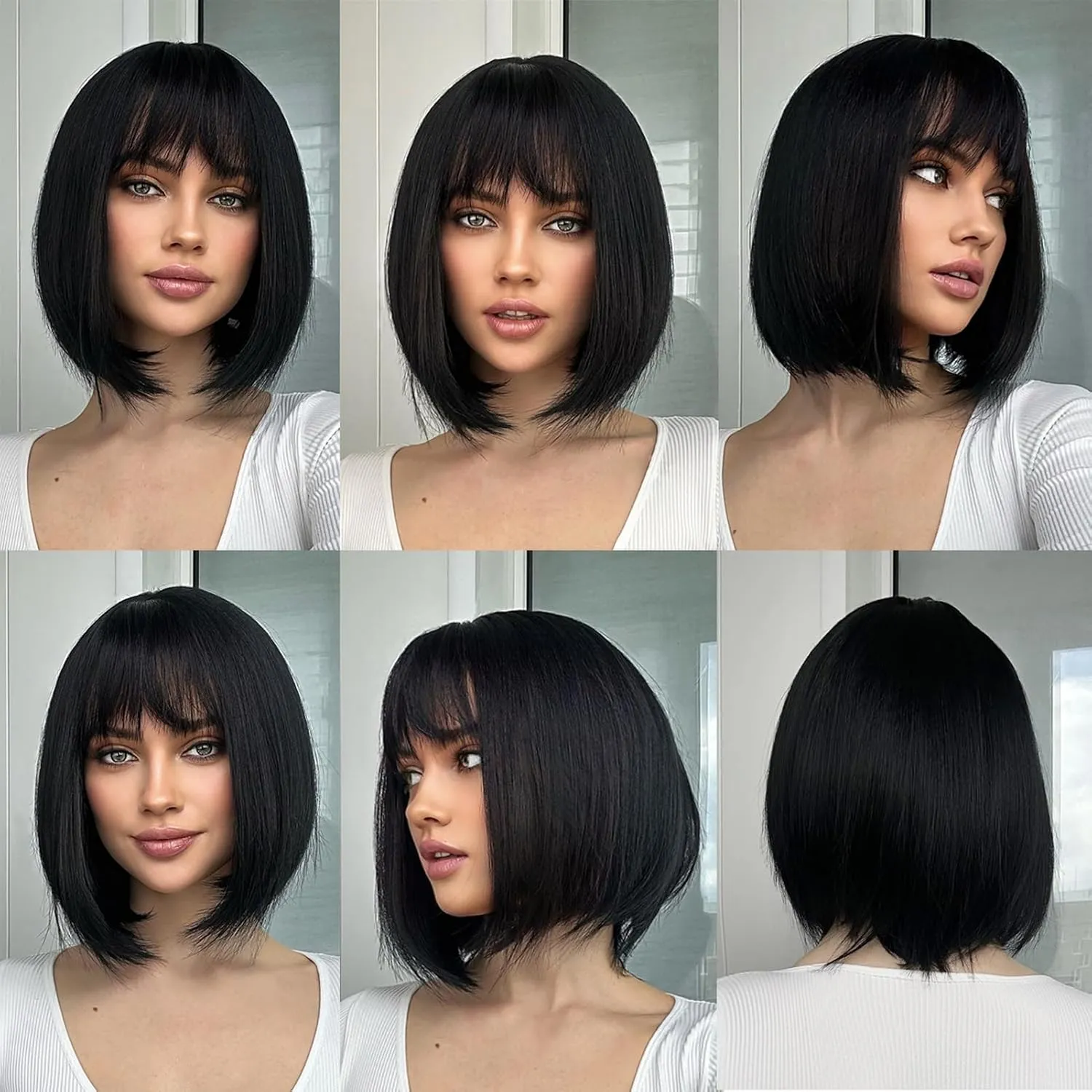 Bob Black Wig with Bangs Natural Short Straight Wigs for Women Shoulder Length Synthetic Wigs for Daily Cosplay