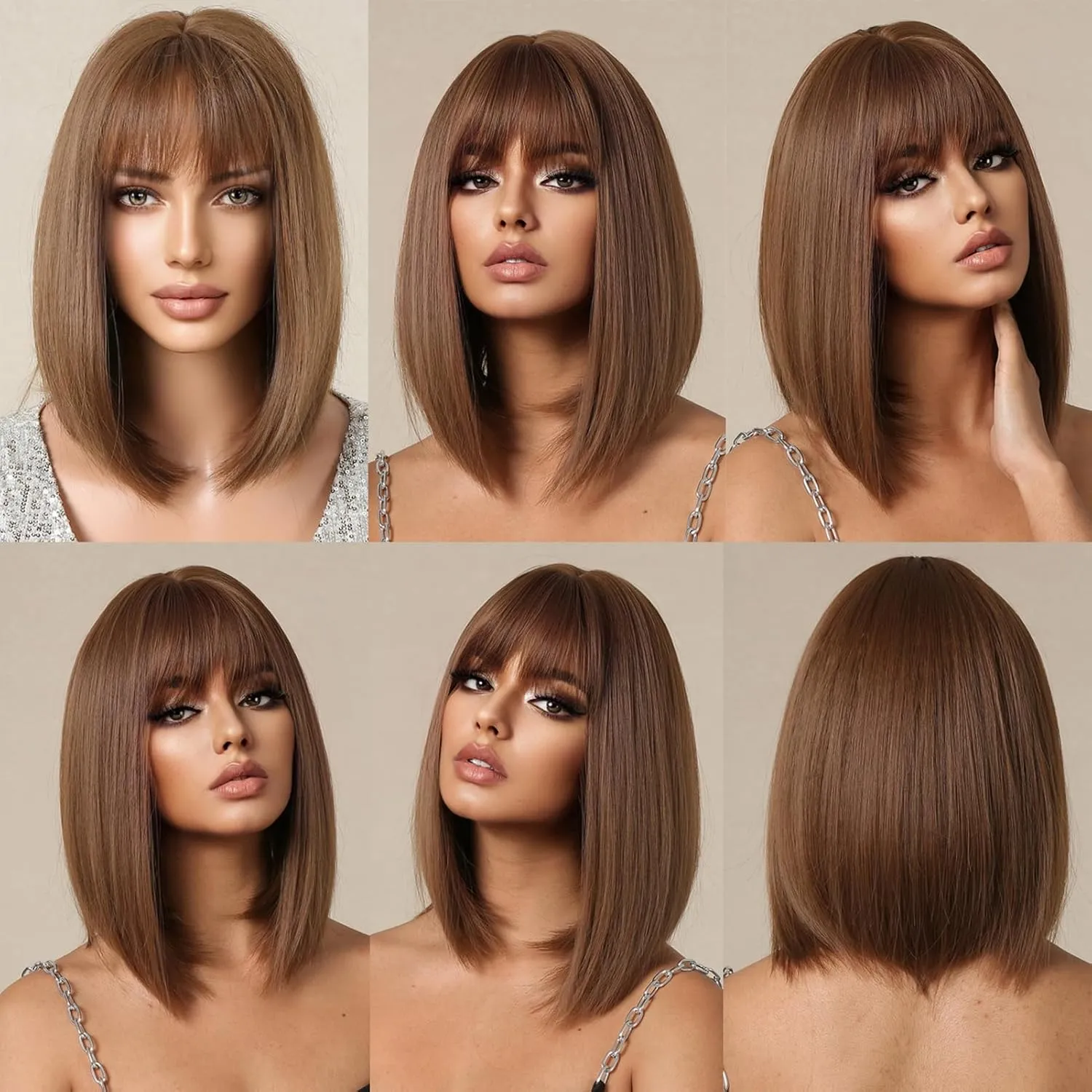 Bob Brown Wig with Bangs Natural Short Straight Wigs for Women Shoulder Length Synthetic Wigs for Daily Cosplay