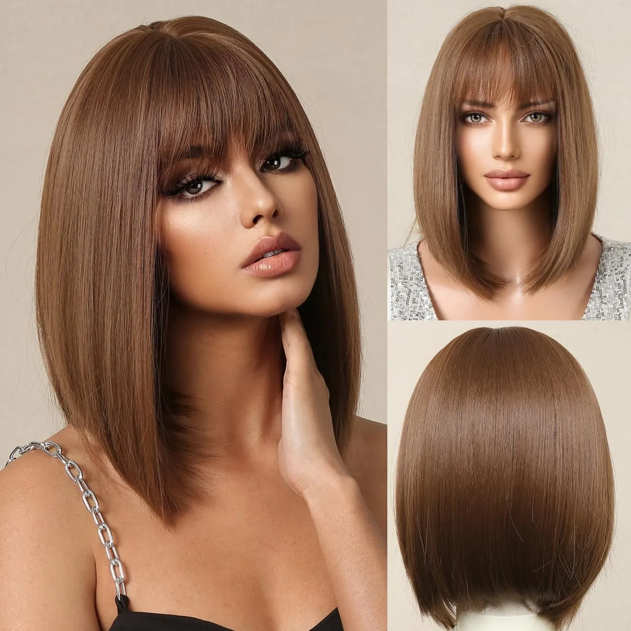Bob Brown Wig with Bangs Natural Short Straight Wigs for Women Shoulder Length Synthetic Wigs for Daily Cosplay