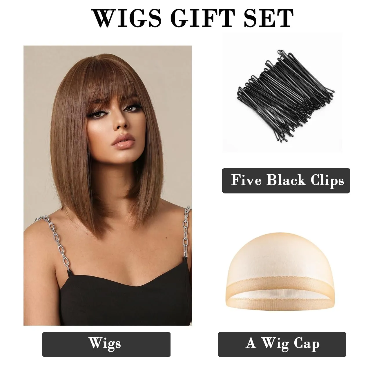Bob Brown Wig with Bangs Natural Short Straight Wigs for Women Shoulder Length Synthetic Wigs for Daily Cosplay