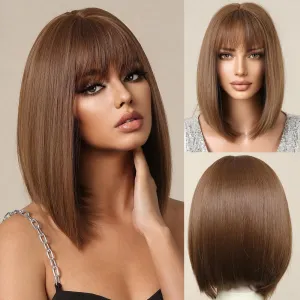 Bob Brown Wig with Bangs Natural Short Straight Wigs for Women Shoulder Length Synthetic Wigs for Daily Cosplay