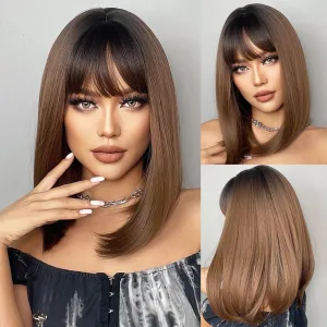 Bob Ombre Black Brown Wig with Bangs Natural Short Straight Wigs for Women Shoulder Length Synthetic Wigs for Daily Cosplay