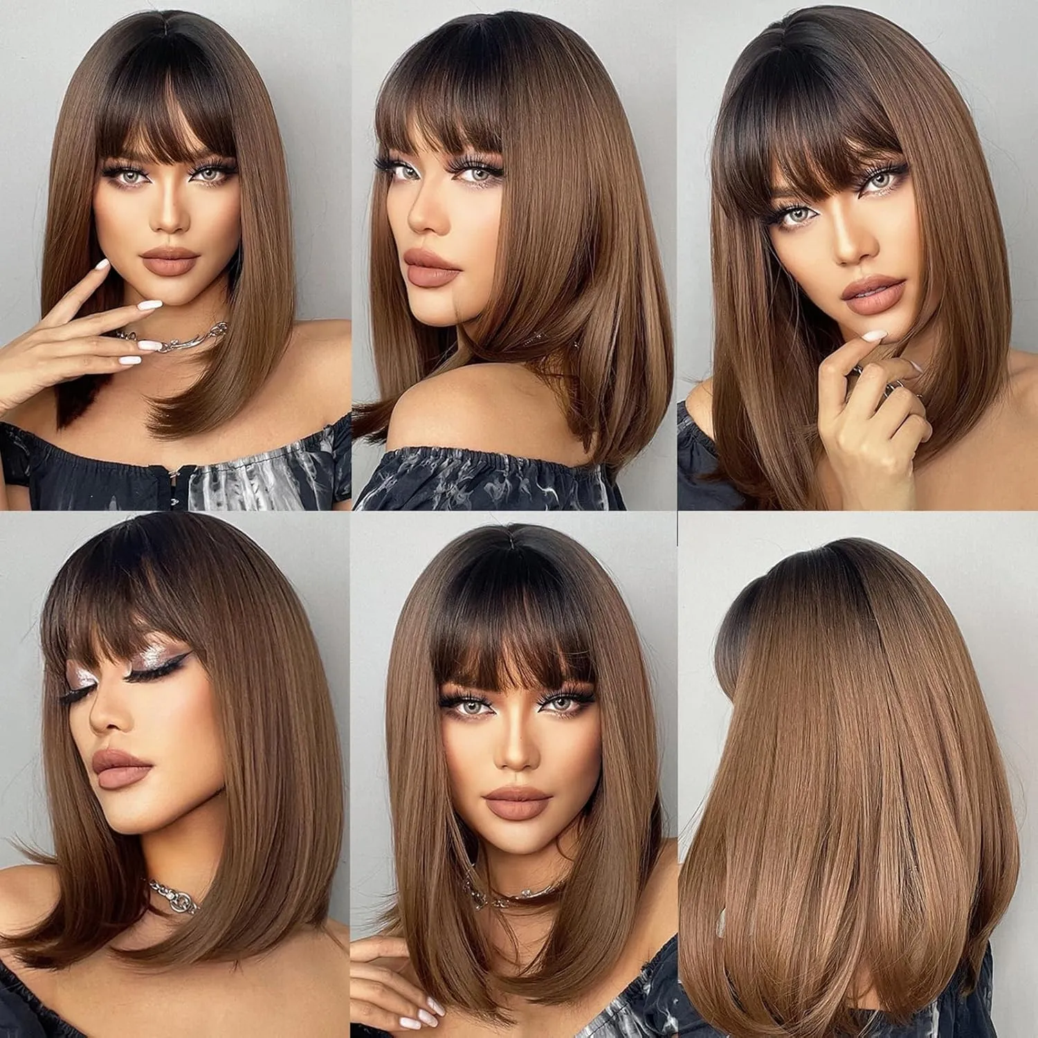Bob Ombre Black Brown Wig with Bangs Natural Short Straight Wigs for Women Shoulder Length Synthetic Wigs for Daily Cosplay