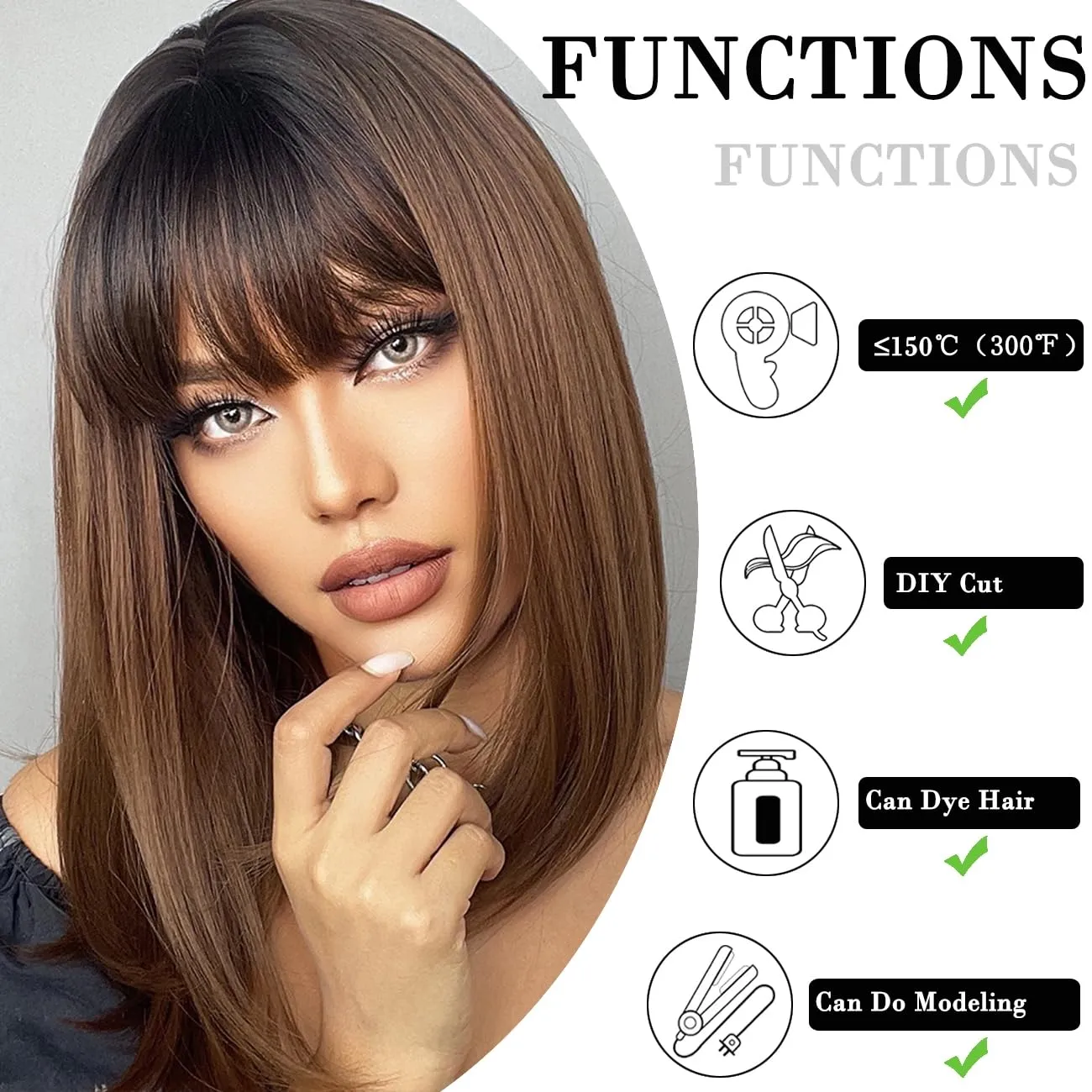 Bob Ombre Black Brown Wig with Bangs Natural Short Straight Wigs for Women Shoulder Length Synthetic Wigs for Daily Cosplay
