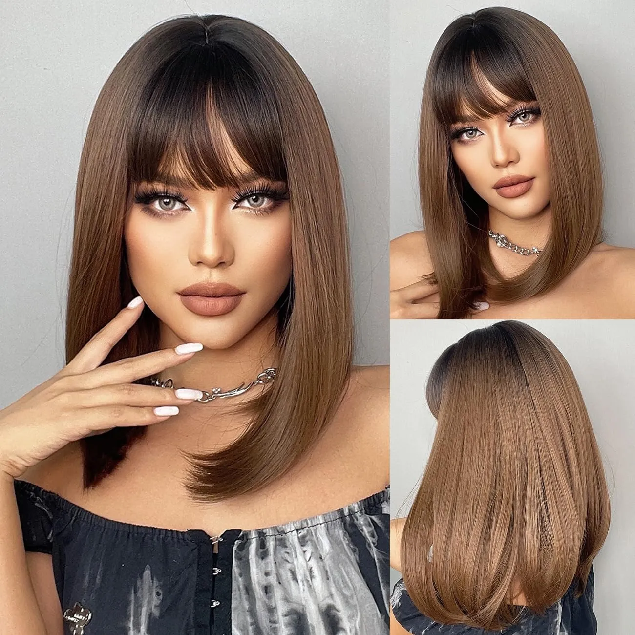 Bob Ombre Black Brown Wig with Bangs Natural Short Straight Wigs for Women Shoulder Length Synthetic Wigs for Daily Cosplay