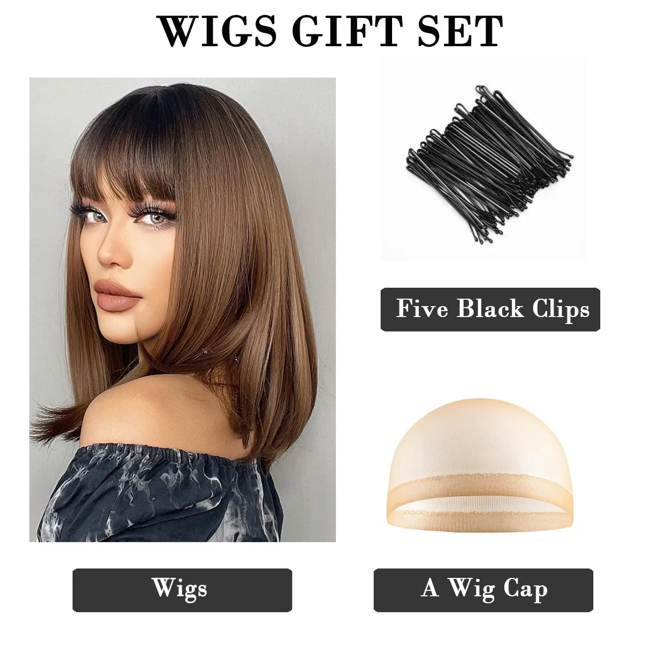 Bob Ombre Black Brown Wig with Bangs Natural Short Straight Wigs for Women Shoulder Length Synthetic Wigs for Daily Cosplay