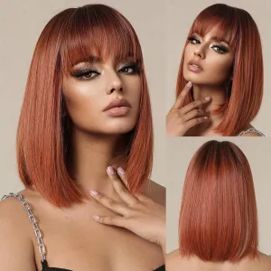 Bob Ombre Black Orange Wig with Bangs Natural Short Straight Wigs for Women Shoulder Length Synthetic Wigs for Daily Cosplay
