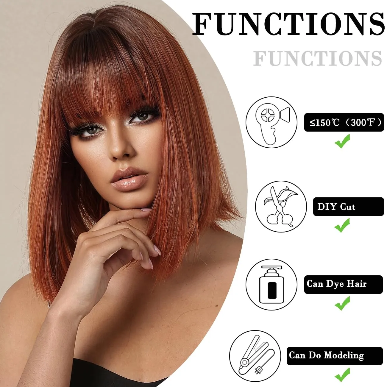 Bob Ombre Black Orange Wig with Bangs Natural Short Straight Wigs for Women Shoulder Length Synthetic Wigs for Daily Cosplay
