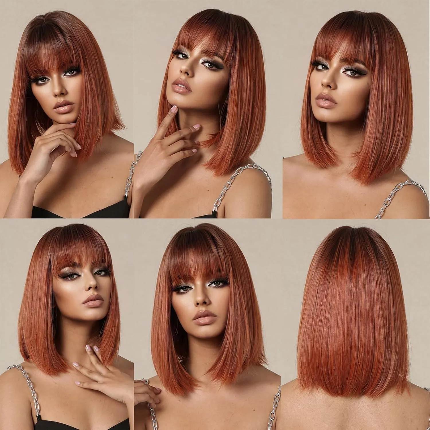 Bob Ombre Black Orange Wig with Bangs Natural Short Straight Wigs for Women Shoulder Length Synthetic Wigs for Daily Cosplay