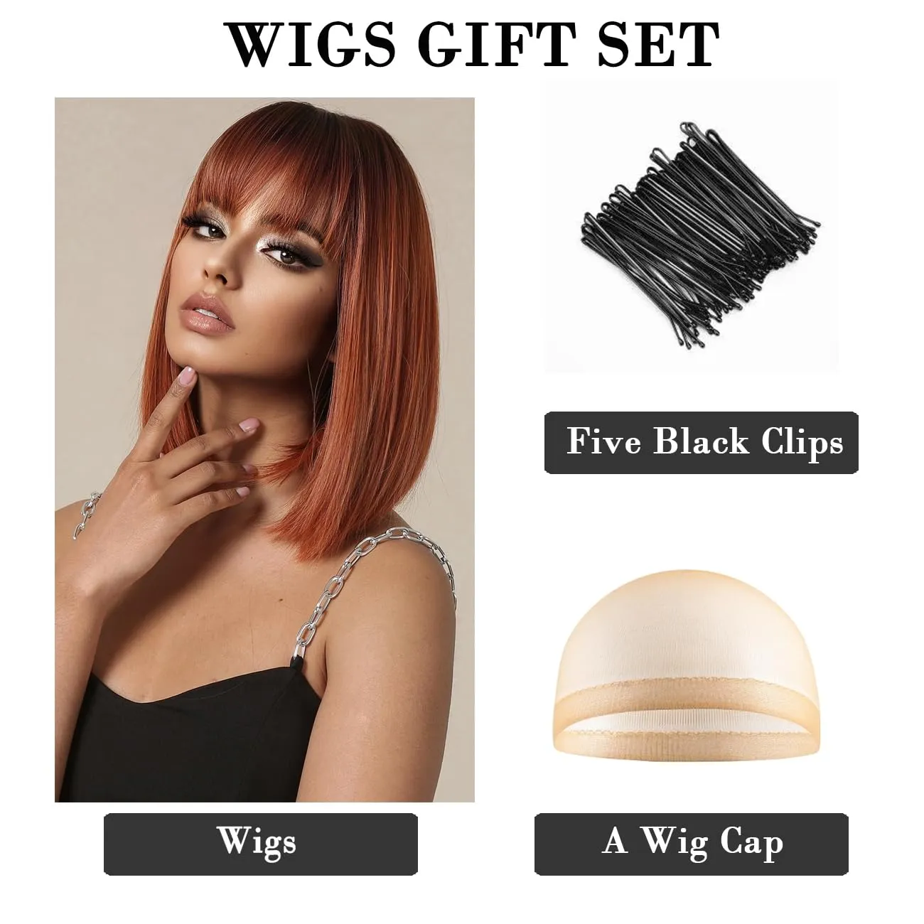 Bob Ombre Black Orange Wig with Bangs Natural Short Straight Wigs for Women Shoulder Length Synthetic Wigs for Daily Cosplay