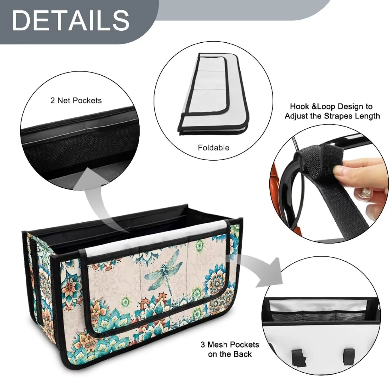 Boho Floral Dragonfly Rollator Bag Tote Organizer for Universal Walkers Walker Bag Mobility Aid Accessory Pouch for Seniors in Assisted Living