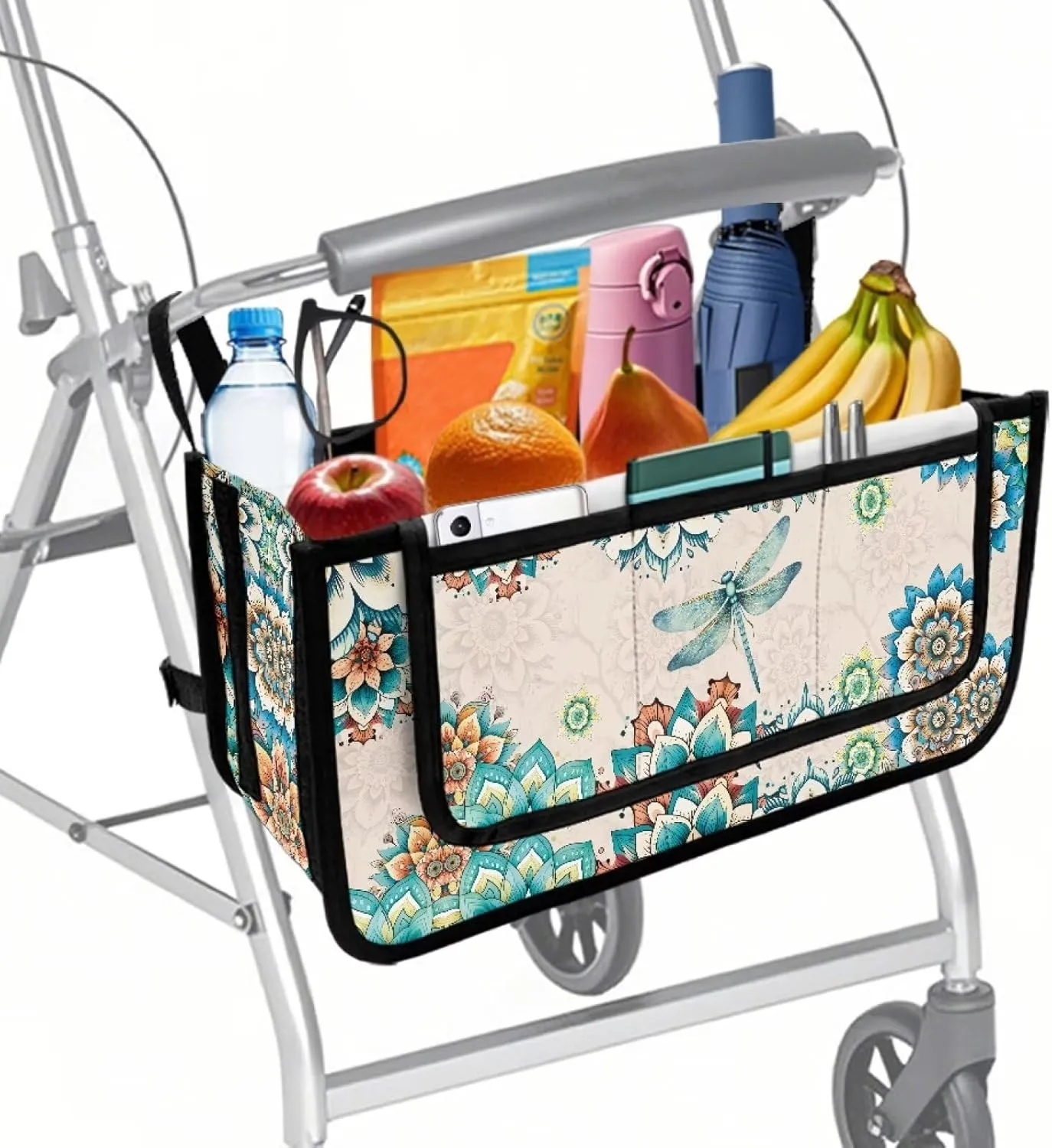 Boho Floral Dragonfly Rollator Bag Tote Organizer for Universal Walkers Walker Bag Mobility Aid Accessory Pouch for Seniors in Assisted Living