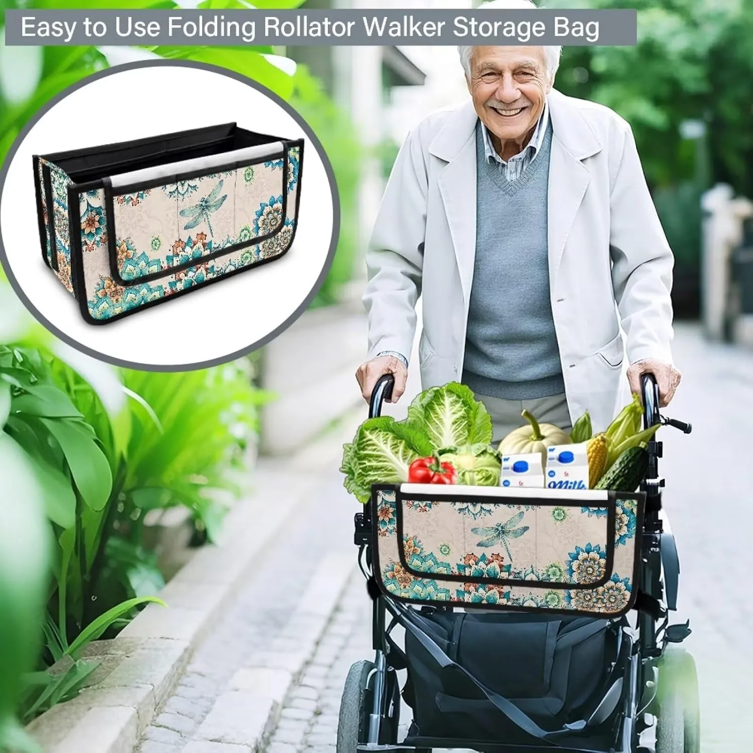 Boho Floral Dragonfly Rollator Bag Tote Organizer for Universal Walkers Walker Bag Mobility Aid Accessory Pouch for Seniors in Assisted Living