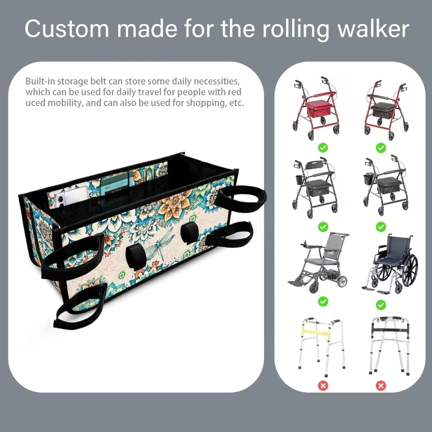 Boho Floral Dragonfly Rollator Bag Tote Organizer for Universal Walkers Walker Bag Mobility Aid Accessory Pouch for Seniors in Assisted Living
