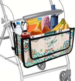Boho Floral Dragonfly Rollator Bag Tote Organizer for Universal Walkers Walker Bag Mobility Aid Accessory Pouch for Seniors in Assisted Living