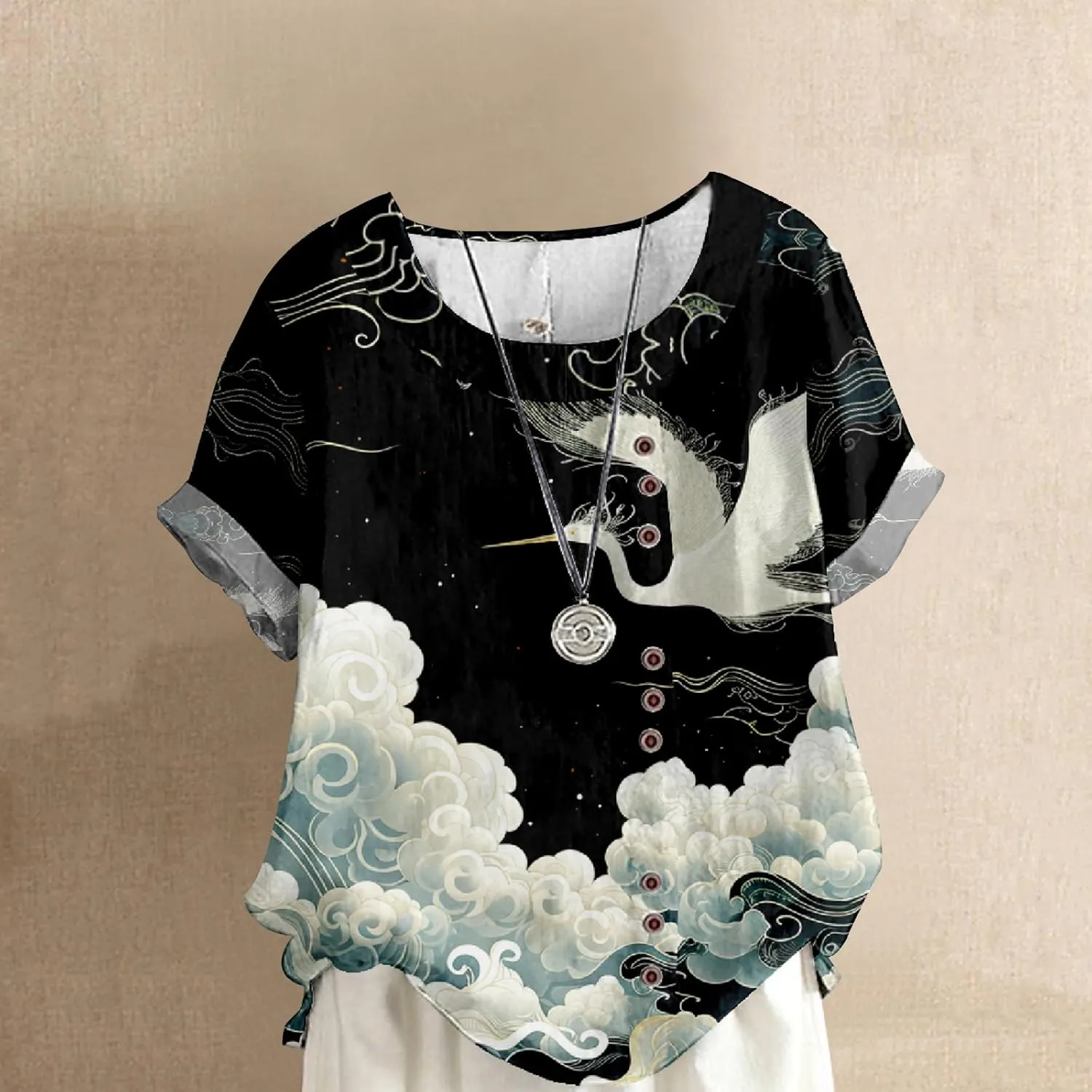 Boho Tops for Women Floral Shirts 2024 Summer Soft Cold Shoulder Short Sleeve Crew Neck Fashion T Shirts Blouse