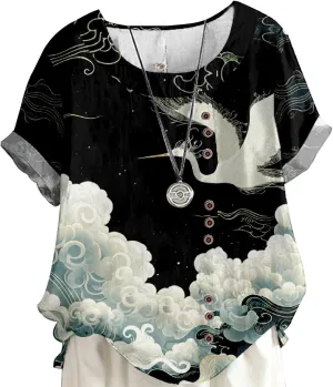 Boho Tops for Women Floral Shirts 2024 Summer Soft Cold Shoulder Short Sleeve Crew Neck Fashion T Shirts Blouse
